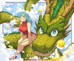  1girl blue_eyes breasts bulma china_dress chinese_clothes cloud cloudy_sky commentary dragon dragon_ball dragon_ball_(object) dress english_commentary jk_arts large_breasts medium_hair red_dress shenron_(dragon_ball) signature sitting_on_animal sky smile twitter_username 