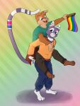  absurd_res anthro bisexual_pride_colors blue_eyes brown_body canid canine canis carrying_another clothing domestic_cat domestic_dog felid feline felis flag hi_res hoodie lgbt_pride lgbt_pride_month lorcat male male/male mammal piggyback pride_colors purple_body rainbow_flag rainbow_pride_flag rainbow_symbol romantic romantic_couple teal_eyes topwear 