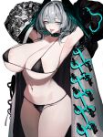 1girl absurdres aqua_eyes areola_slip arknights armpits arms_behind_head arms_up bags_under_eyes bikini black_bikini black_collar black_wings breasts cleavage collar commentary_request cowboy_shot grey_hair head_wings highres ho&#039;olheyak_(arknights) huge_breasts infection_monitor_(arknights) jacket looking_at_viewer micro_bikini navel open_clothes open_jacket presenting_armpit short_hair simple_background slit_pupils solo stomach swimsuit thighs tongue tongue_out vxdrq white_background wings 