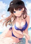 1girl :d arm_support bangs bare_arms bare_shoulders baseball_cap bikini black_choker black_headwear blue_bikini blue_eyes blue_ribbon blue_sky blush bracelet breasts brown_hair choker cleavage cloud collarbone commentary_request day earrings eyebrows_visible_through_hair front-tie_bikini front-tie_top hat highres hoop_earrings jewelry large_breasts leaning_forward long_hair looking_at_viewer navel ocean open_mouth original oryou outdoors ribbon side-tie_bikini sky smile solo stomach swimsuit thigh_gap water 