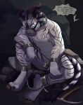  4_ears 4_toes abs ankle_cuffs anthro balls black_hair black_stripes blue_eyes body_writing bound chain chained charr chastity_cage chastity_device cheek_spikes chest_tattoo claws collar crazydonkey cuff_(restraint) dialogue digitigrade english_text facial_piercing facial_spikes feet felid front_view fur genitals guild_wars hair heel_claw hi_res horn male mammal markings metal_chastity_cage metal_collar metal_cuffs mine multi_ear muscular muscular_male muzzle_(object) muzzled nipple_piercing nipples nose_piercing nose_ring nude offscreen_character pickaxe piercing pink_nose restraints ring_piercing rock sitting slave solo speech_bubble spikes spikes_(anatomy) striped_body striped_fur striped_markings striped_tail stripes stylized_chastity_cage tail tail_markings tail_tuft tattoo text toe_claws toes tuft white_body white_fur wire_basket_muzzle work_slave 
