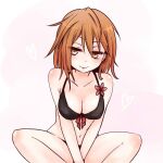  1girl bare_arms bare_shoulders bikini black_bikini blush breasts brown_eyes brown_hair cleavage commentary_request feet_out_of_frame flower hair_between_eyes half-closed_eyes heart i.u.y indian_style large_breasts long_bangs looking_at_viewer medium_hair messy_hair misaka_worst monochrome_background navel parted_lips pink_background red_flower sitting smile solo stomach swimsuit toaru_majutsu_no_index 