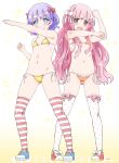  2girls arms_up bikini blue_bow blue_eyes blue_hair blush bow brown_eyes flat_chest frills full_body gradient_background hair_bow henshin_pose highres long_hair looking_at_viewer multiple_girls noto_(soranoto) orange_bikini original pink_bow pink_hair print_thighhighs shoes short_hair side-tie_bikini_bottom sidelocks simple_background smile standing striped_clothes striped_thighhighs swimsuit teeth thighhighs upper_teeth_only white_background white_bow yellow_background yellow_bikini zettai_ryouiki 