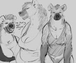  anthro body_hair breasts chest_tuft cleavage clothed clothing doctordj female group hair happy_trail hyena mammal narrowed_eyes smile smiling_at_viewer smirk smirking_at_viewer squint teeth trio tuft 