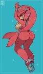  absurd_res anthro areola barefoot big_breasts big_butt breasts breath_of_the_wild butt clothing decoration female fish_tail headgear headwear hi_res jewelry looking_away marine mipha mythruna nintendo nipples nude pawpads paws ring rope signature simple_background solo the_legend_of_zelda thick_thighs video_games zora 