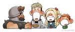  1girl 3boys ^_^ asd4486 beard brown_hair chilchuck_tims closed_eyes cropped_torso dungeon_meshi dwarf facial_hair fake_horns feeding happy helmet holding holding_spoon horned_helmet horns laios_touden long_beard marcille_donato multiple_boys mustache official_style profile senshi_(dungeon_meshi) spoon thick_mustache toon_(style) very_long_beard white_background 