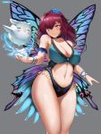  1girl absurdres alternate_costume bare_shoulders black_one-piece_swimsuit blue_eyes blue_one-piece_swimsuit breasts butterfly_wings cleavage clothing_cutout collarbone facial_mark fairy_wings feh_(fire_emblem_heroes) fire_emblem fire_emblem_heroes flower gradient_flower grey_background hair_flower hair_ornament hair_over_one_eye hair_vines highres insect_wings large_breasts looking_at_viewer navel navel_cutout one-piece_swimsuit plant purple_hair simple_background solo swimsuit tempurachronos thorns triandra_(fire_emblem) wings 