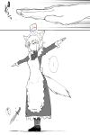  ... 1girl animal_ears ankle_cuffs apron bow bowtie commentary_request dropped_object expressionless frilled_apron frilled_headwear frills full_body gloves greyscale highres knife maid maid_headdress medium_hair monochrome original outstretched_arms outstretched_hand sakifox sidelocks simple_background solo sound_effects speech_bubble spoken_ellipsis standing t-pose tail white_apron white_background white_gloves wolf_ears wolf_maid_(sakifox) wolf_tail wrist_cuffs xyz_axis 