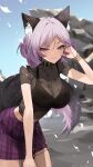  1girl absurdres animal_ear_fluff animal_ears athena_(vtuber) black_camisole blue_sky breasts camisole character_name cleavage closed_mouth commission hand_in_own_hair highres indie_virtual_youtuber k_(art71) mole mole_under_eye plaid plaid_skirt purple_eyes purple_hair purple_skirt see-through see-through_cleavage short_hair skeb_commission skirt sky smile tail twitter_username virtual_youtuber wolf_ears wolf_girl wolf_tail 