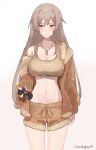  1girl absurdres breasts brown_hair brown_jacket brown_shorts brown_sports_bra cleavage controller cowboy_shot dog_tags fur_jacket furen_e_lustario furen_e_lustario_(5th_costume) game_controller highres hlsn_dglaq3g holding holding_controller holding_game_controller jacket large_breasts long_hair looking_at_viewer navel nijisanji open_clothes open_jacket red_eyes shorts simple_background single_bare_shoulder smile solo sports_bra stomach twitter_username very_long_hair virtual_youtuber white_background 