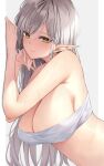  1girl against_wall anza_tomo bandeau bangs bare_shoulders blush breasts cleavage closed_mouth elf green_eyes grey_hair large_breasts long_hair looking_at_viewer navel original pointy_ears smile 