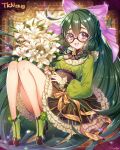  1girl :d back_bow blush bouquet bow brown_footwear commission commissioner_name dress flower frilled_dress frilled_sleeves frills glasses green_hair green_socks hair_bow holding holding_bouquet lily_(flower) long_hair long_sleeves looking_at_viewer munlu_(wolupus) open_mouth original pink_bow purple_eyes round_eyewear signature skeb_commission smile socks solo teeth upper_teeth_only 