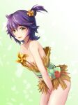  1girl bare_shoulders covered_navel dys green_eyes hair_ornament japanese_clothes looking_at_viewer minokichi_(sengoku_bushouki_muramasa) purple_hair sengoku_bushouki_muramasa short_hair simple_background solo standing thighs 