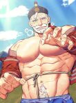  1boy abs bara beard black_hat blue_shorts blue_sky cloud condensation english_commentary facial_hair grass green_eyes hat karl-heinz_leopold kim_nuruk liebling light_rays male_focus mongolian_clothes mountain muscular muscular_male mustache navel nipples old old_man paid_reward_available pectorals shorts sky sweatdrop white_hair wrinkled_skin 