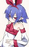  1girl animal_ears armpits arms_behind_head blue_hair deal360acv detached_sleeves disgaea facing_viewer hair_ribbon highres long_sleeves looking_at_viewer medium_hair pleinair pointy_ears red_eyes red_ribbon ribbon simple_background solo upper_body white_background 
