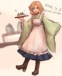  1girl alternate_costume apron blonde_hair blue_eyes blue_hakama commentary_request enmaided frilled_apron frills full_body hakama janus_(kantai_collection) japanese_clothes kantai_collection looking_at_viewer maid short_hair solo standing stargazy_pie tray wa_maid waitress white_apron wss_(nicoseiga19993411) zoom_layer 