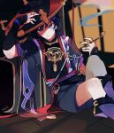  1boy bishounen cowboy_shot genshin_impact hand_up hat highres holding holding_smoking_pipe japanese_clothes jewelry looking_at_viewer male_focus mintfr3ak necklace purple_eyes purple_hair scaramouche_(genshin_impact) short_hair sitting smoking_pipe solo 