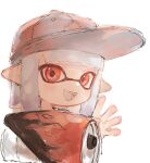  1girl :d baseball_cap blue_hair blue_tongue colored_tongue grey_hat hand_up hat highres inkling inkling_girl inkling_player_character light_blue_hair open_mouth plum0o0 pointy_ears range_blaster_(splatoon) red_eyes short_hair simple_background smile solo splatoon_(series) teeth tentacle_hair white_background 
