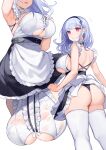  1girl apron ass azur_lane back bangs bare_shoulders black_hairband black_panties black_skirt blunt_bangs blush breasts center_frills clothing_cutout dido_(azur_lane) frills hairband highres large_breasts long_hair looking_at_viewer looking_back maid multiple_views open_mouth panties purple_eyes silver_hair simple_background skirt thighhighs thighs underboob underboob_cutout underwear waist_apron white_legwear yayako_(804907150) 