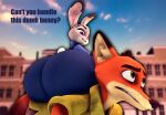2024 3d_(artwork) absurd_res all_fours anthro big_butt bodily_fluids bottomwear buckteeth building butt canid canine cindablimp clothing colored dialogue digital_media_(artwork) disney duo english_text european_rabbit eyebrows female fox green_eyes hi_res huge_butt hyper hyper_butt judy_hopps lagomorph leporid looking_at_another looking_down male male/female mammal nick_wilde oryctolagus pants pink_nose purple_eyes rabbit rear_view red_fox scut_tail shaded shirt short_tail sitting_on_another sky smile smirk source_filmmaker_(artwork) straining sweat sweatdrop tail teeth text thick_thighs tight_bottomwear tight_clothing tight_pants topwear true_fox zootopia