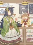  2girls :o ahoge animal_ears animal_on_shoulder apron black_hair brown_hair brown_skirt cat commentary corset cup ear_covers elbow_rest food green_kimono hanging_light heichicc47 highres horse_ears indoors japanese_clothes kimono long_hair long_sleeves maid_headdress manhattan_cafe_(umamusume) manhattan_cafe_(verdant_night)_(umamusume) multiple_girls open_mouth pleated_skirt shop short_hair single_ear_cover skirt sleeves_rolled_up smile standing symbol-only_commentary teacup teapot umamusume waist_apron wide_sleeves yellow_eyes yellow_kimono yukino_bijin_(tea_girl_snow_girl)_(umamusume) yukino_bijin_(umamusume) 
