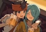  2boys alcohol alternate_hairstyle androgynous aqua_hair arm_over_head beer_mug booth_seating brown_eyes brown_hair closed_eyes cup dot_nose dutch_angle ebi_(shrimp_eleven) endou_mamoru foam hair_down hair_over_one_eye hair_over_shoulder hairband hand_on_another&#039;s_shoulder happy holding holding_cup hood hood_down hoodie inazuma_eleven_(series) indoors kazemaru_ichirouta laughing layered_clothes long_hair male_focus mug multiple_boys on_chair open_mouth portrait red_hairband red_shirt shirt short_hair short_sleeves side-by-side sitting spiked_hair two-tone_shirt v-shaped_eyebrows white_shirt yellow_hoodie 