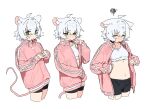  1girl animal_ear_fluff animal_ears bike_shorts blush breasts colored_inner_animal_ears commentary english_commentary flustered green_eyes highres jacket long_sleeves looking_at_viewer midriff mouse_ears mouse_girl mouse_tail multiple_views open_clothes open_jacket open_mouth original perl_(vertigris) pink_jacket progression removing_jacket short_hair simple_background small_breasts sports_bra tail track_jacket undressing vertigris white_background white_hair white_sports_bra 