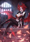  1girl blackball boots breasts crossed_legs demon_girl demon_horns demon_tail demon_wings detached_collar elbow_gloves embers epis gloves high_heels horns indoors king&#039;s_raid large_breasts licking licking_finger looking_at_viewer pale_skin red_eyes red_hair short_hair sitting solo tail thigh_boots wings 