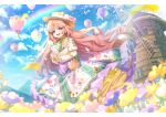  1girl :d aircraft animal back_bow basket blue_eyes blue_sky bow center_frills cloud commentary dot_nose easter easter_egg egg english_commentary field floral_print_skirt flower flower_field frilled_skirt frills green_bow hat hat_flower highres holding holding_animal holding_rabbit hot_air_balloon long_hair lushuao multicolored_clothes multicolored_skirt open_mouth original pink_flower pink_hair purple_flower rabbit rainbow ribbon shirt skirt sky smile solo straw_hat teeth tongue too_many too_many_frills upper_teeth_only very_long_hair windmill yellow_flower yellow_petals yellow_shirt 