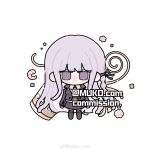  1girl artist_name black_ribbon blazer blunt_bangs blunt_ends boots braid chibi chinese_commentary collared_jacket collared_shirt commentary_request commission cup_ramen danganronpa:_trigger_happy_havoc danganronpa_(series) hair_ribbon highres jacket kirigiri_kyoko knee_boots kneehighs lapels layered_sleeves light_blush long_hair long_sleeves looking_at_viewer miniskirt muko_com necktie no_gloves no_mouth notched_lapels open_clothes open_jacket orange_necktie pleated_skirt purple_eyes purple_footwear purple_hair purple_jacket purple_skirt ribbon shirt sidelocks simple_background single_braid skirt socks solo straight-on straight_hair very_long_hair weibo_watermark white_background white_shirt white_socks 