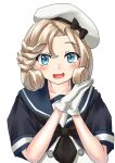  1girl bangs black_neckwear blonde_hair blue_eyes blue_sailor_collar commentary_request dress gloves hands_together hat janus_(kantai_collection) kantai_collection looking_at_viewer mayura2002 open_mouth parted_bangs sailor_collar sailor_dress sailor_hat short_hair simple_background smile solo upper_body white_background white_dress white_gloves white_headwear 