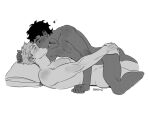  2boys artist_name blush bombyoon closed_eyes completely_nude dark-skinned_male dark_skin dungeon_meshi feet_out_of_frame french_kiss greyscale hand_on_another&#039;s_ass hand_on_another&#039;s_head hashtag-only_commentary heart highres kabru kiss laios_touden lying male_focus monochrome multiple_boys nude on_back pillow short_hair simple_background very_short_hair white_background yaoi 
