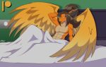  abs anthro bed_sheet bedding blue_eyes blush brown_hair bulge clothed clothing dragon hair hi_res long_hair male mastergodai solo topless wings 
