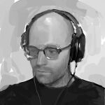  1boy absurdres bald beard black_shirt cable closed_mouth expressionless facial_hair glasses goatee grey_background greyscale headphones headset highres looking_to_the_side male_focus monochrome northernlion opaque_glasses original portrait realistic shirt solo valendar 