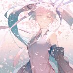  1girl aqua_hair bare_shoulders black_sleeves blue_background blue_eyes cherry_blossoms chinese_commentary collared_shirt commentary detached_sleeves falling_leaves falling_petals flower frilled_shirt frills gradient_background gradient_eyes gradient_hair grey_shirt hair_ribbon happy hatsune_miku highres leaf long_hair long_sleeves looking_at_viewer multicolored_eyes multicolored_hair necktie open_mouth petals pink_background pink_eyes pink_flower pink_hair pink_necktie purple_ribbon ribbon sakura_miku shangjinyoukaixin shirt simple_background sleeveless sleeveless_shirt smile solo striped_ribbon teeth transformation twintails upper_body very_long_hair vocaloid 