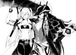  2girls abyssal_ship commission cosplay crossover dante_(devil_may_cry) dante_(devil_may_cry)_(cosplay) devil_may_cry_(series) executioner_(girls&#039;_frontline) girls&#039;_frontline greyscale gun halloween handgun hat highres kantai_collection mechanical_arms monochrome multiple_girls pants reizo_ne sangvis_ferri single_mechanical_arm southern_ocean_oni sword trait_connection twintails weapon 