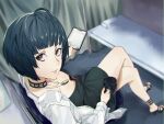  #money 1girl ahoge bed belt black_dress black_hair blurry blurry_background bob_cut breasts brown_eyes chair clipboard closed_mouth crossed_legs cup dress from_above high_heels highres holding holding_clipboard holding_cup infirmary jewelry lab_coat lips looking_at_viewer looking_up medium_breasts mug pendant persona persona_5 red_belt short_hair sitting solo studded_choker takemi_tae 