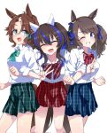  3girls animal_ears aqua_eyes blue_eyes blue_hair blue_skirt blush bow breasts brown_hair clenched_hands closed_eyes collared_shirt colored_inner_hair commentary_request cowboy_shot daitaku_helios_(umamusume) ear_covers ear_ornament ear_piercing facing_viewer green_bow green_skirt grin hair_between_eyes hair_ornament hairclip highres horse_ears horse_girl horse_tail locked_arms looking_at_viewer medium_breasts medium_hair mejiro_palmer_(umamusume) multicolored_hair multiple_girls nerukichikatafukuma open_mouth piercing plaid plaid_skirt red_bow red_skirt shirt short_sleeves simple_background skirt smile streaked_hair striped_bow tail tosen_jordan_(umamusume) twintails umamusume v white_background white_hair 