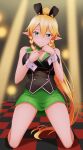  1girl animal_ears bare_shoulders black_shirt blonde_hair blurry blurry_background bow bowtie braid breasts buttons checkered_floor cleavage clenched_hands double-breasted fake_animal_ears green_bow green_bowtie green_eyes green_skirt hair_between_eyes hands_up highres ken-ji kneeling large_breasts leafa long_hair miniskirt pointy_ears shirt skirt smile solo sword_art_online twin_braids twintails wrist_cuffs 