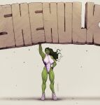 1girl absurdres arm_up breasts character_name colored_skin covered_abs devilhs green_eyes green_hair green_skin grin hand_on_own_hip highres large_breasts leotard long_hair looking_at_viewer marvel muscular muscular_female purple_leotard she-hulk shoes signature simple_background smile sneakers solo standing two-tone_leotard white_footwear white_leotard 