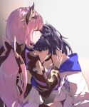  2girls absurdres backless_outfit backlighting black_bow black_choker black_gloves black_shrug bow chinese_commentary choker collarbone comforting commentary_request covered_navel crying crying_with_eyes_open elysia_(honkai_impact) elysia_(miss_pink_elf)_(honkai_impact) gloves hair_bow hair_ornament half-closed_eyes half_gloves halterneck hand_on_another&#039;s_head hands_on_another&#039;s_back highres honkai_(series) honkai_impact_3rd long_hair multiple_girls off-shoulder_shirt off_shoulder pink_hair pointy_ears purple_eyes purple_hair raiden_mei raiden_mei_(striker_fulminata) shirt tears white_shirt zhong_er_bing 
