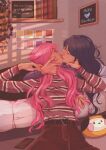  2girls belt book brown_pants cellphone closed_eyes commentary contemporary english_commentary genshin_impact hand_on_another&#039;s_neck highres indoors katenearts kiss lesbian_flag long_hair long_sleeves multiple_girls on_bed pants phone pink_hair pink_sweater plant purple_hair purple_sweater raiden_shogun red_lips smartphone striped_clothes striped_sweater sweater yae_miko yuri 