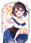  1girl :d antenna_hair aoi_yun blue_choker blue_hair blue_skirt blush breasts brown_hair choker cleavage collarbone floral_background gradient_hair hair_between_eyes hand_up leaning_forward looking_at_viewer medium_breasts multicolored_hair off-shoulder_shirt off_shoulder original puffy_short_sleeves puffy_sleeves purple_eyes shirt short_sleeves simple_background skirt smile solo white_background white_shirt 