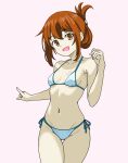 ass_visible_through_thighs bikini blue_bikini bone_namu(namu49850) breasts brown_eyes brown_hair commentary_request cowboy_shot folded_ponytail highres inazuma_(kancolle) kantai_collection long_hair side-tie_bikini_bottom simple_background small_breasts smile swimsuit thigh_gap white_background 