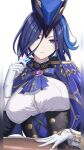  1girl blue_hair breasts capelet clorinde_(genshin_impact) corset earrings genshin_impact gloves hat highres holding jewelry large_breasts long_hair looking_at_viewer luckplz primogem purple_capelet purple_eyes shirt solo tricorne upper_body white_background white_gloves white_shirt 