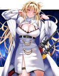 1girl belt black_belt black_bra blonde_hair bra breasts cleavage cleavage_cutout closed_mouth clothing_cutout coat commentary_request dress fate_testarossa hairband highres large_breasts long_hair looking_at_viewer lyrical_nanoha mahou_shoujo_lyrical_nanoha_strikers red_eyes smile solo sougetsu_izuki underwear very_long_hair white_coat white_dress 