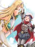  2girls android bangs bare_shoulders blonde_hair blush cape earrings elbow_gloves flower gloves hat high_five highres jewelry joints kurokaze_no_sora long_hair multiple_girls mythra_(xenoblade) poppi_(xenoblade) poppi_alpha_(xenoblade) purple_hair red_cape robot_joints short_hair smile swept_bangs tiara twintails very_long_hair white_flower white_gloves xenoblade_chronicles_(series) xenoblade_chronicles_2 |d 