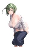  1girl absurdres adda alternate_breast_size antennae bare_shoulders black_skirt blush breasts cleavage clothes_pull green_eyes green_hair highres large_breasts looking_at_viewer off_shoulder pulling_own_clothes see-through see-through_shirt shirt short_hair skirt skirt_pull smile solo standing thighs touhou white_shirt wriggle_nightbug 