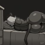  anthro bed bed_sheet bedding big_butt biped butt domestic_cat felid feline felis female freepancakes furniture hair hi_res lying mammal nude on_side pillow rear_view thick_thighs 