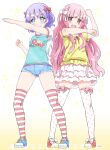  2girls arms_up blue_bow blue_eyes blue_hair blush bow brown_eyes frills full_body gradient_background hair_bow henshin_pose highres long_hair looking_at_viewer multiple_girls noto_(soranoto) original pink_bow pink_hair print_thighhighs shoes short_hair short_shorts shorts sidelocks simple_background skirt smile standing striped_clothes striped_thighhighs teeth thighhighs upper_teeth_only white_background white_bow yellow_background zettai_ryouiki 